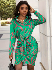 Print Button Long Sleeve Shirt Dress