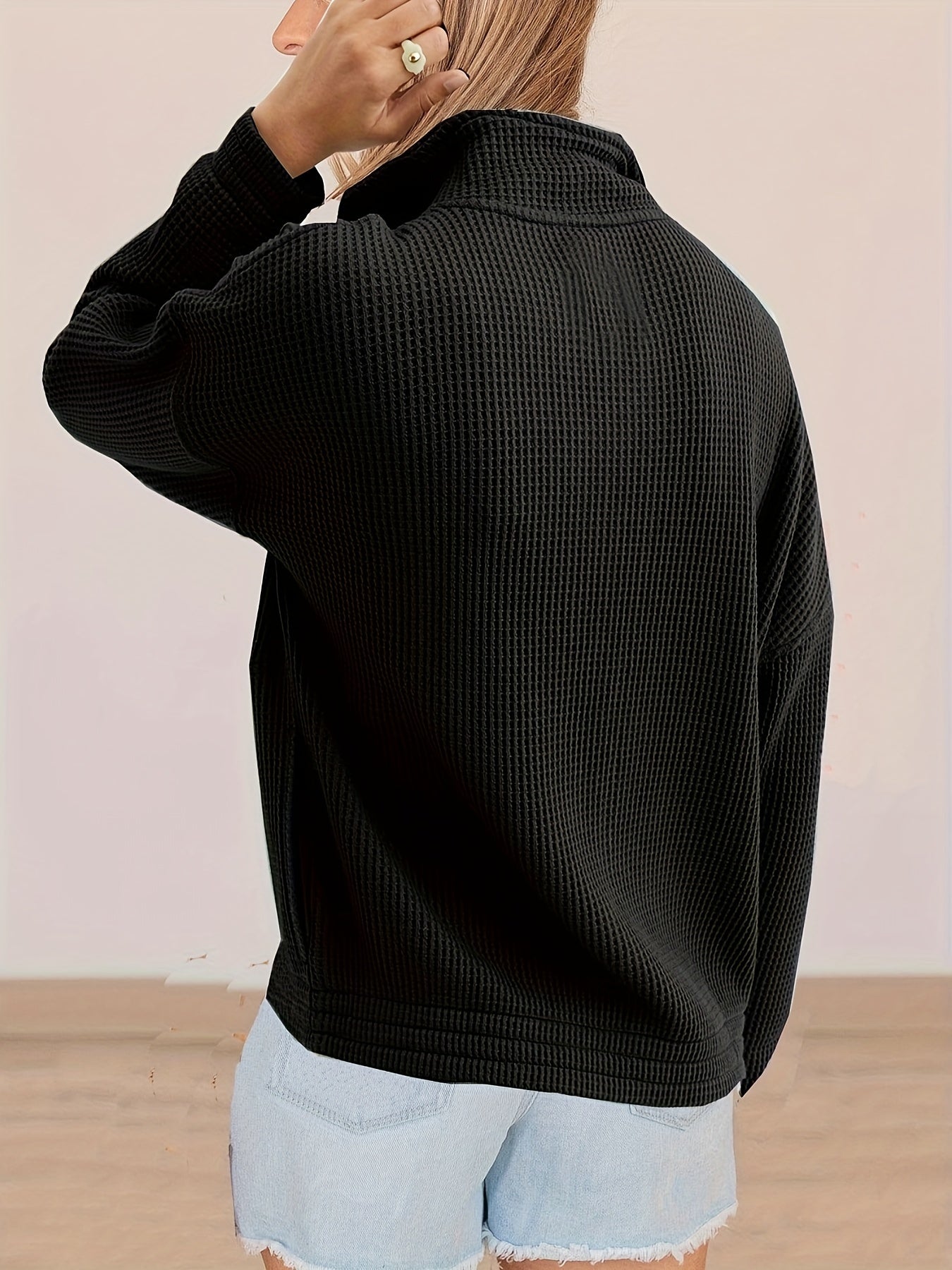 Waffle Zip Front Sweatshirt Casual Long Sleeve Sweatshirt For Spring & Fall