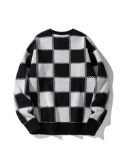 Men's Checkerboard Knitted Sweater for Fall and Winter