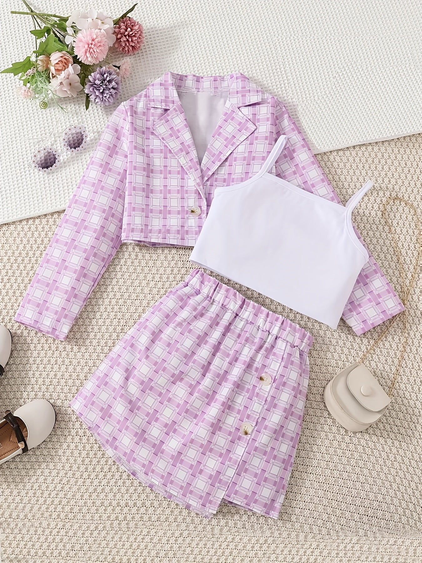 Toddler Girls Plaid 3pcs Set Coat Vest Skirt Kids Clothing