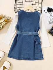 Girls Cotton Long Sleeve Top & Denim Dress With Belt