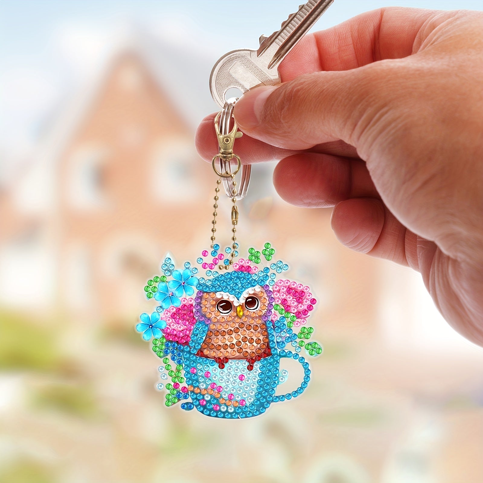 6pcs DIY Pink Owl Diamond Painting Keychain Kit