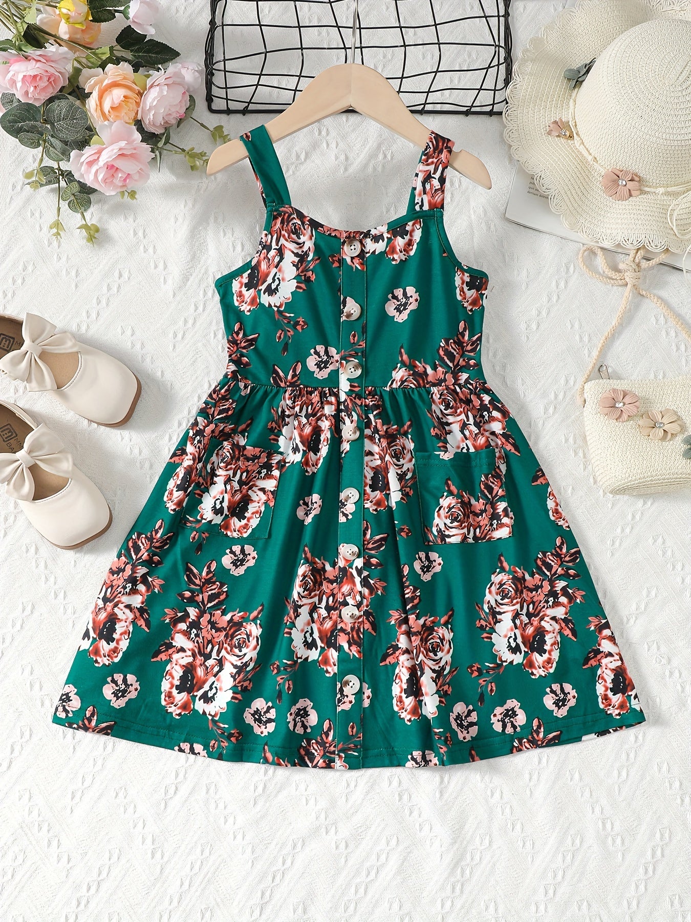 Girls Striped Button Front Summer Cami Dress with Pockets