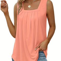 Square Neck Pleated Tank Top Summer Sleeveless Casual Women's Clothing