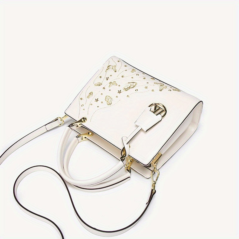 Geometric Floral Crossbody Bag Golden Tone Zipper Closure Polyester Lining