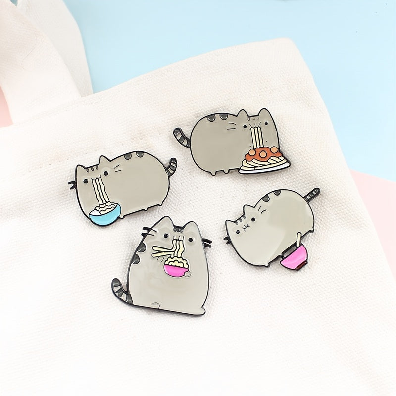 Cute Gray Cat Eating Noodle Brooch