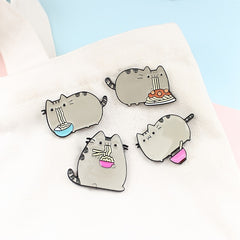 Cute Gray Cat Eating Noodle Brooch