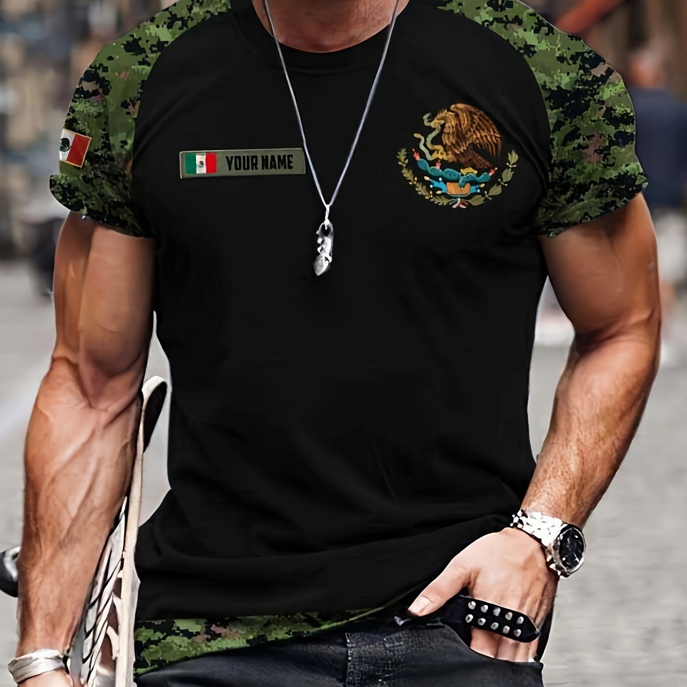 Eagle Pattern T shirt Men's Casual Street Style Stretch Round Neck Tee Shirt