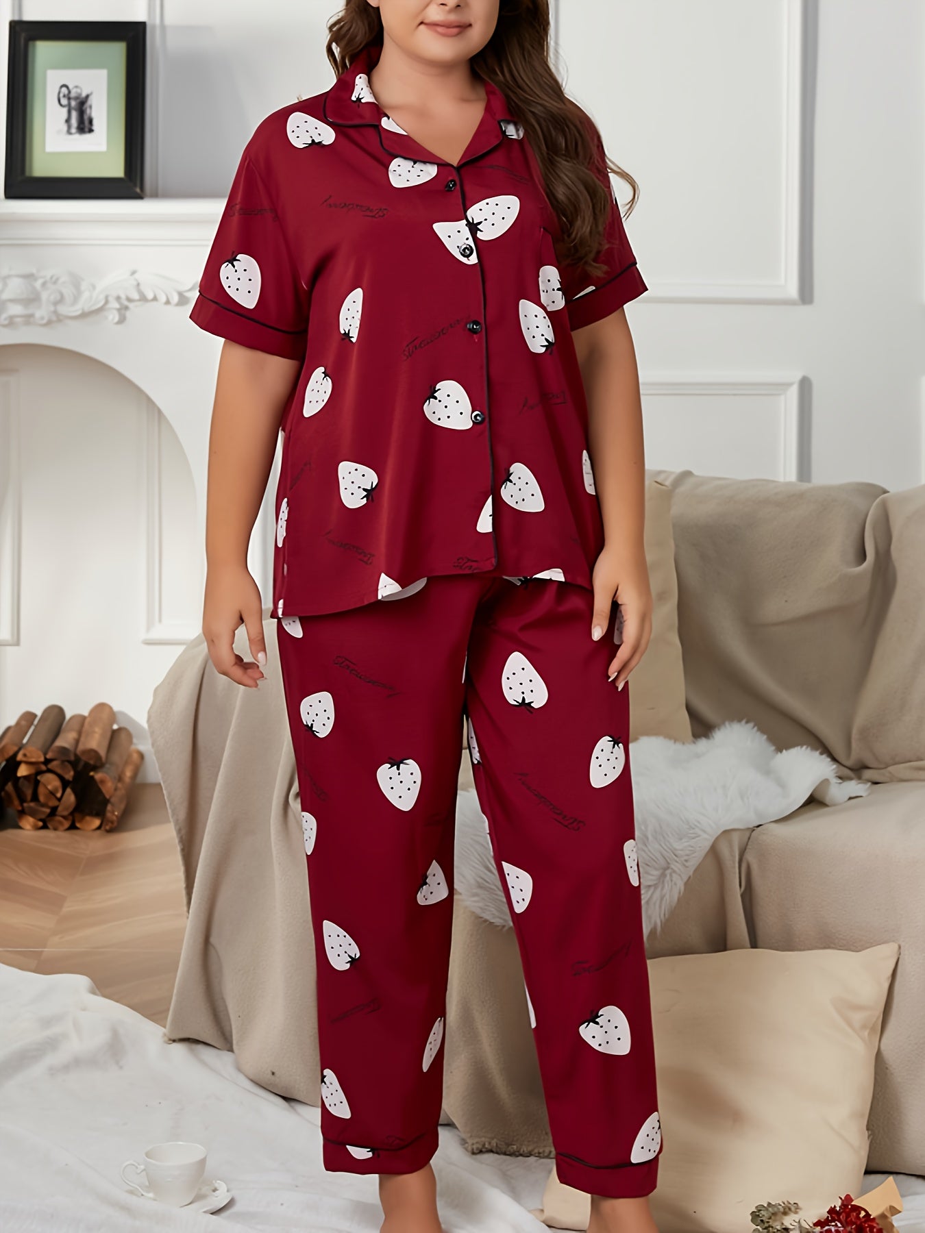 Strawberry Print Pajama Set Short Sleeve Button Up Shirt & Pants