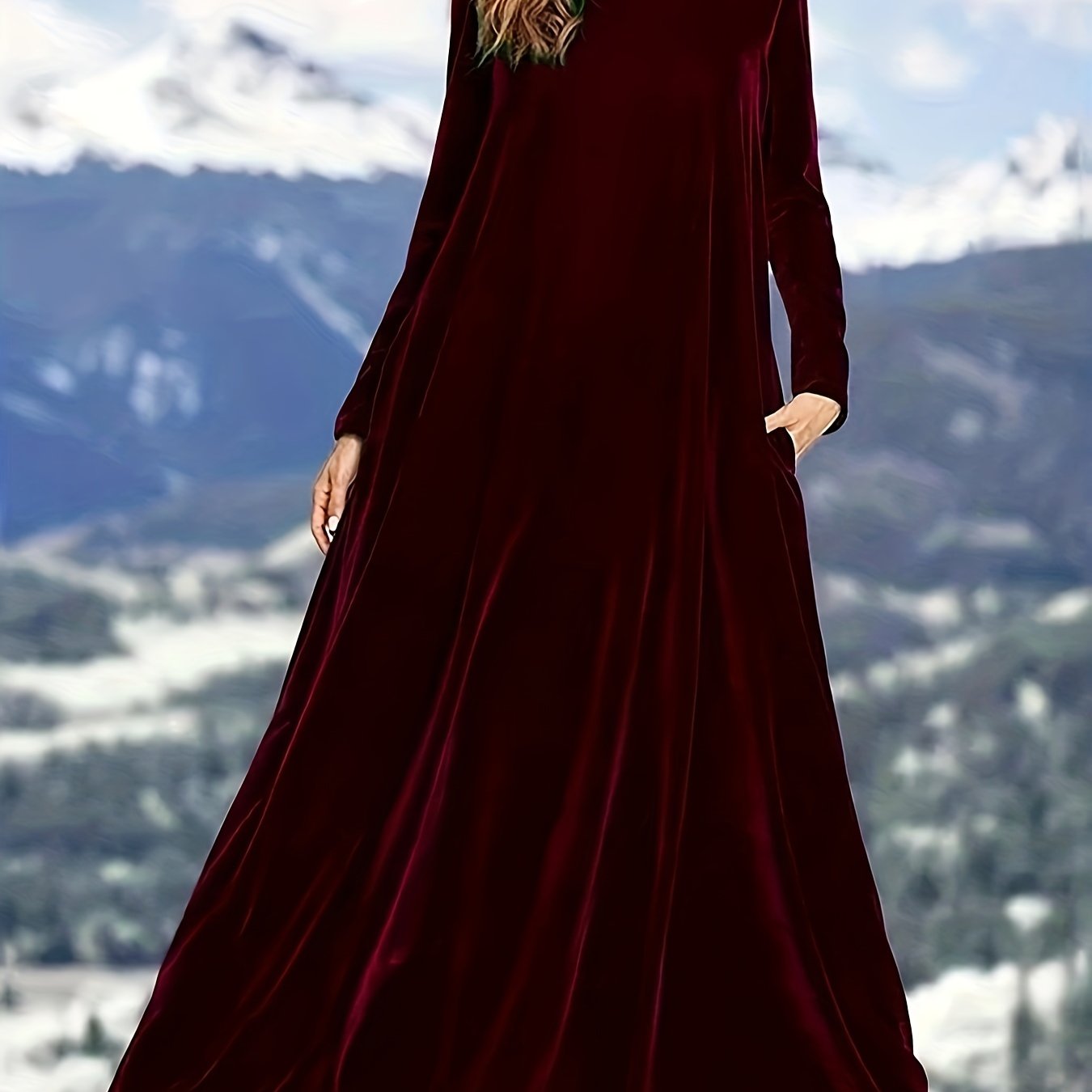 Solid Long Sleeve Maxi Dress With Pockets