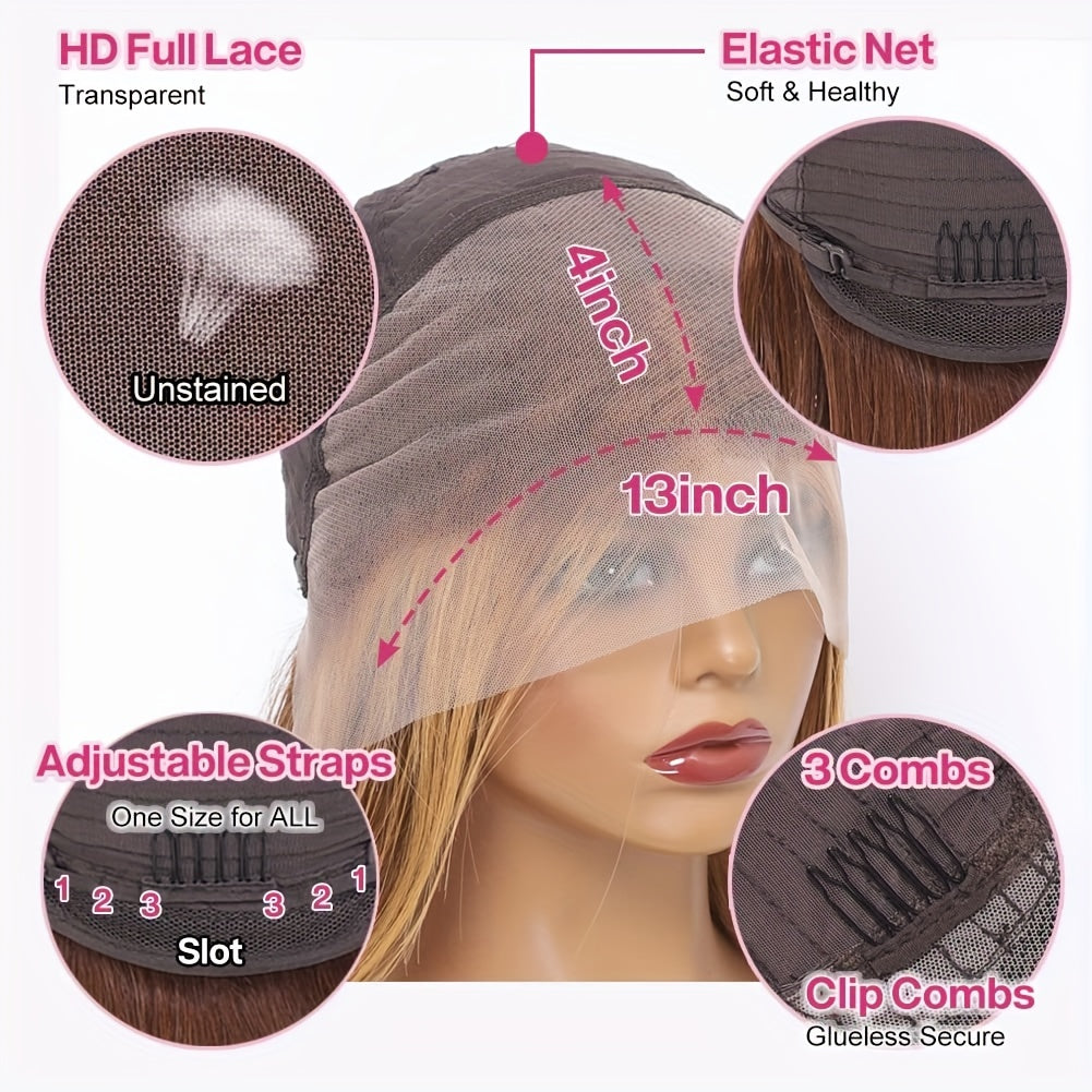 High Density Brown Short Straight Bob Cut Lace Front Human Hair Wig