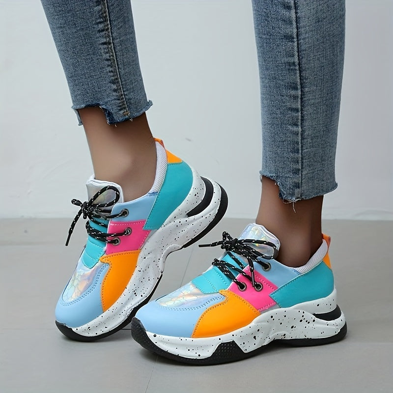 Women's Colorblock Platform Sneakers Low Top Lace Up Shoes