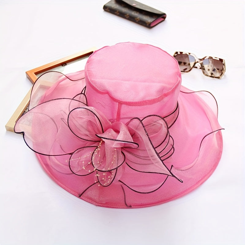 Rose Red Organza Sun Hat Mesh Flower Bridal Wedding Hat