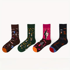 4 Pairs Cartoon Print Women's Mid Tube Stockings