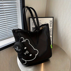 Cartoon Bear Canvas Shoulder Bag Tote With Coin Purse