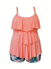 Boho Tankini Set Tropical Print Ruffle Trim Cami Top & Shorts