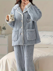 Heart Print Fuzzy Pajama Set Long Sleeve Top & Pants