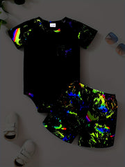 Graffiti Glow In The Dark Print Romper & Shorts Set