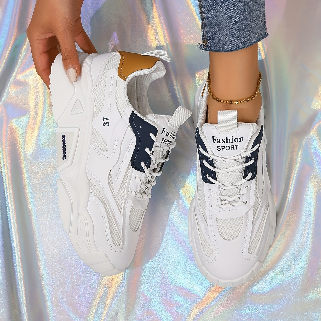 Women's Colorblock Mesh Sneakers Low Lace Up Casual Trainers