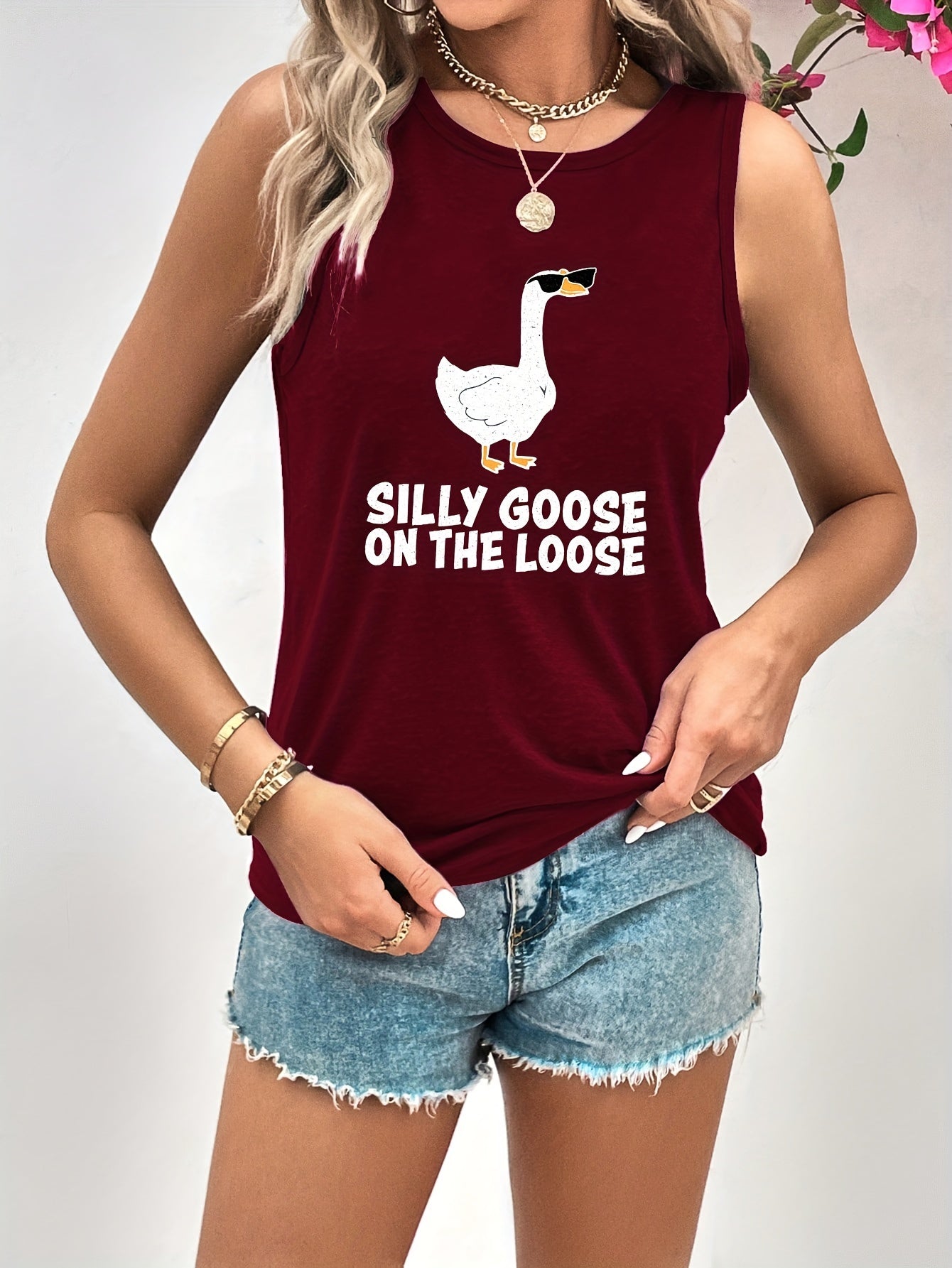 Goose Print Tank Top Sleeveless Crew Neck Women's Clothing