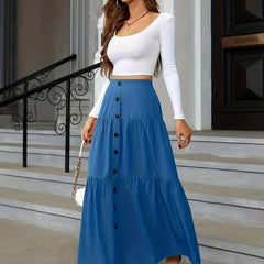 High Waist Tiered Skirts Button Front Maxi Skirts Women's Clothing