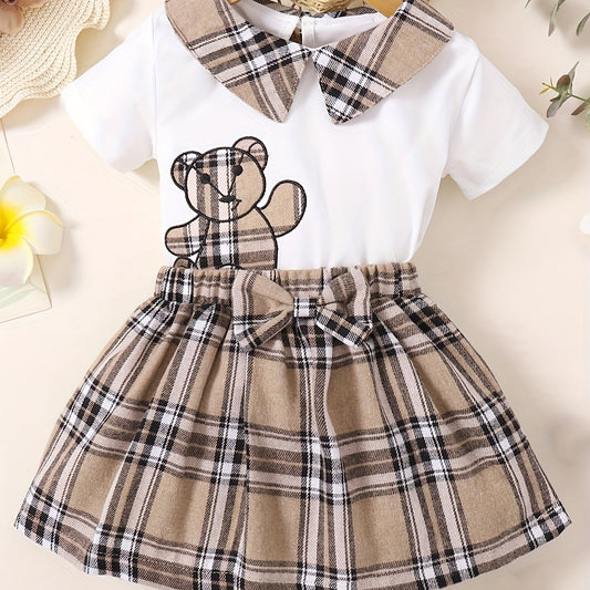 2pcs Baby Girls' Bear Graphic Collared T Shirt & Bow Plaid Skirt Set
