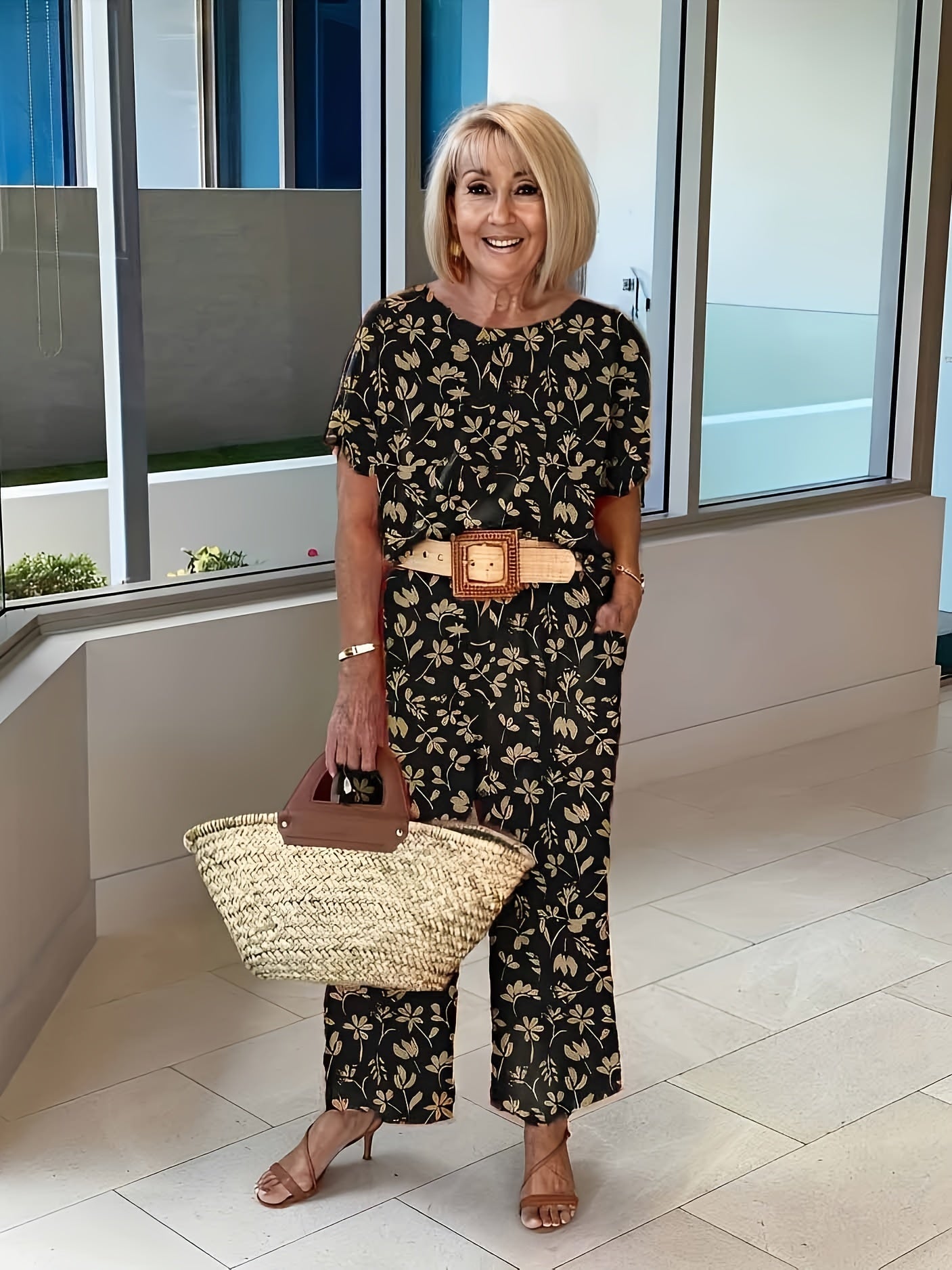 Floral Print Two-piece Set Wide Leg Pants & Tee