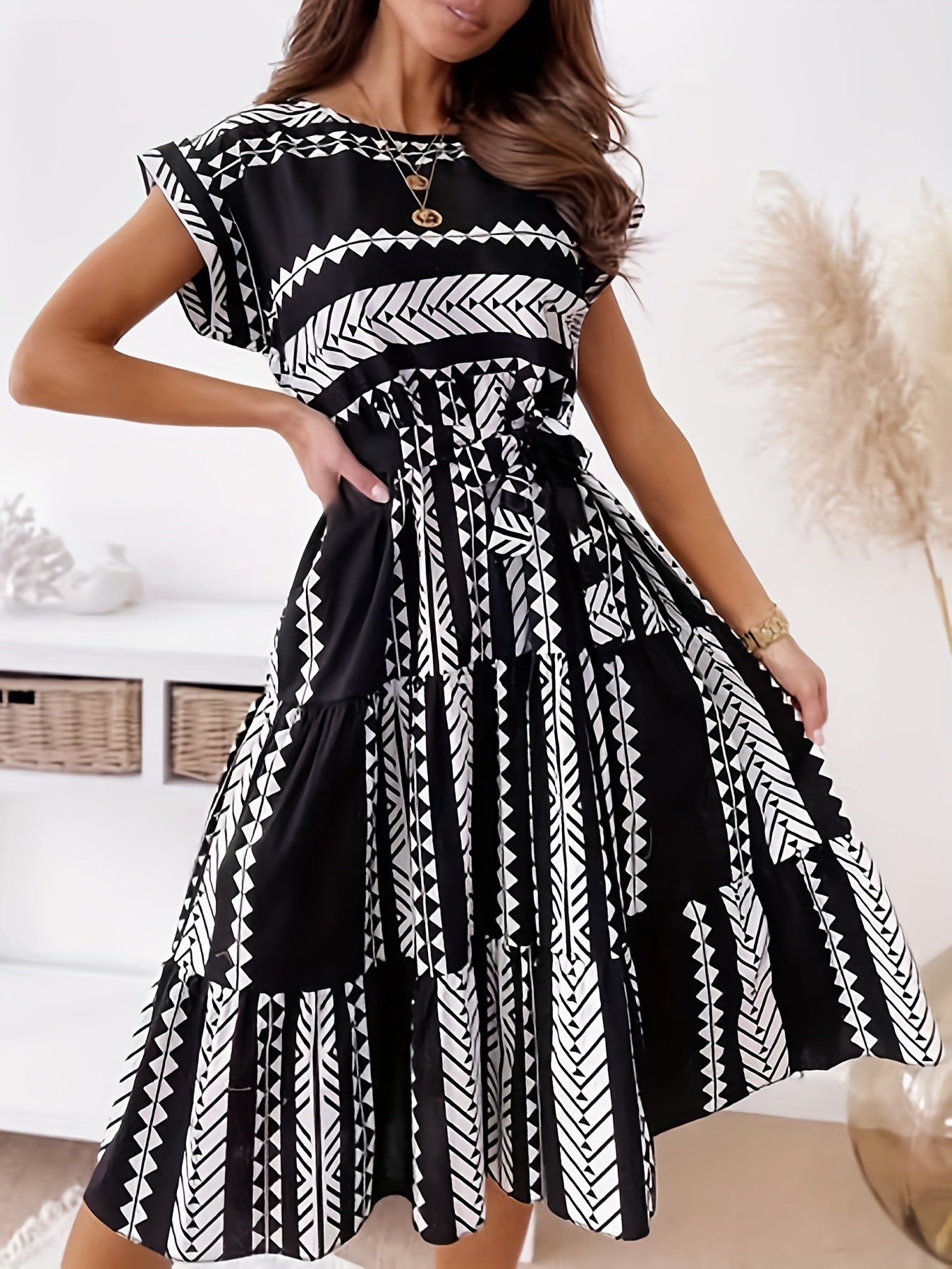 Ethnic Print Cap Sleeve Dress Crew Neck Midi Dress Women's Clothing