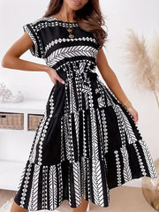 Ethnic Print Cap Sleeve Dress Crew Neck Midi Dress Women's Clothing