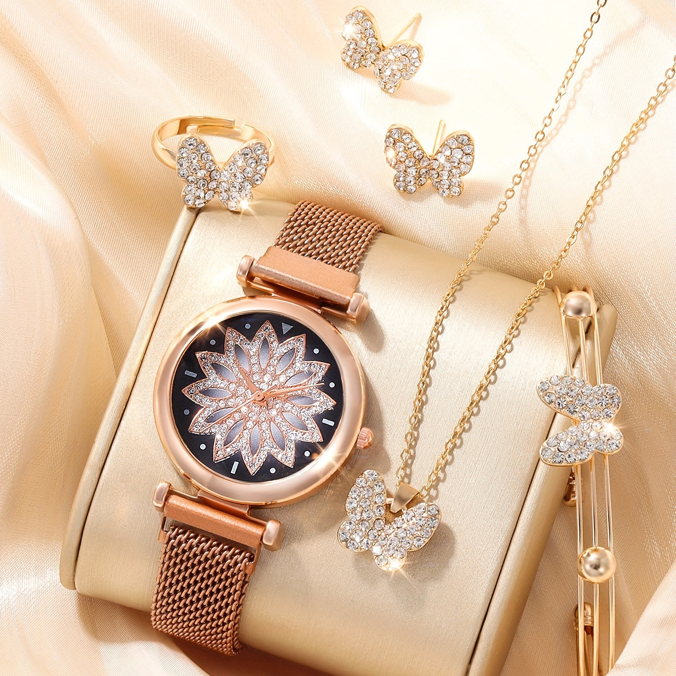 Kids Quartz Watch & Rhinestone Butterfly Jewelry Set