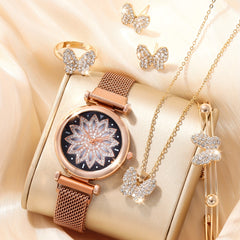 Kids Quartz Watch & Rhinestone Butterfly Jewelry Set