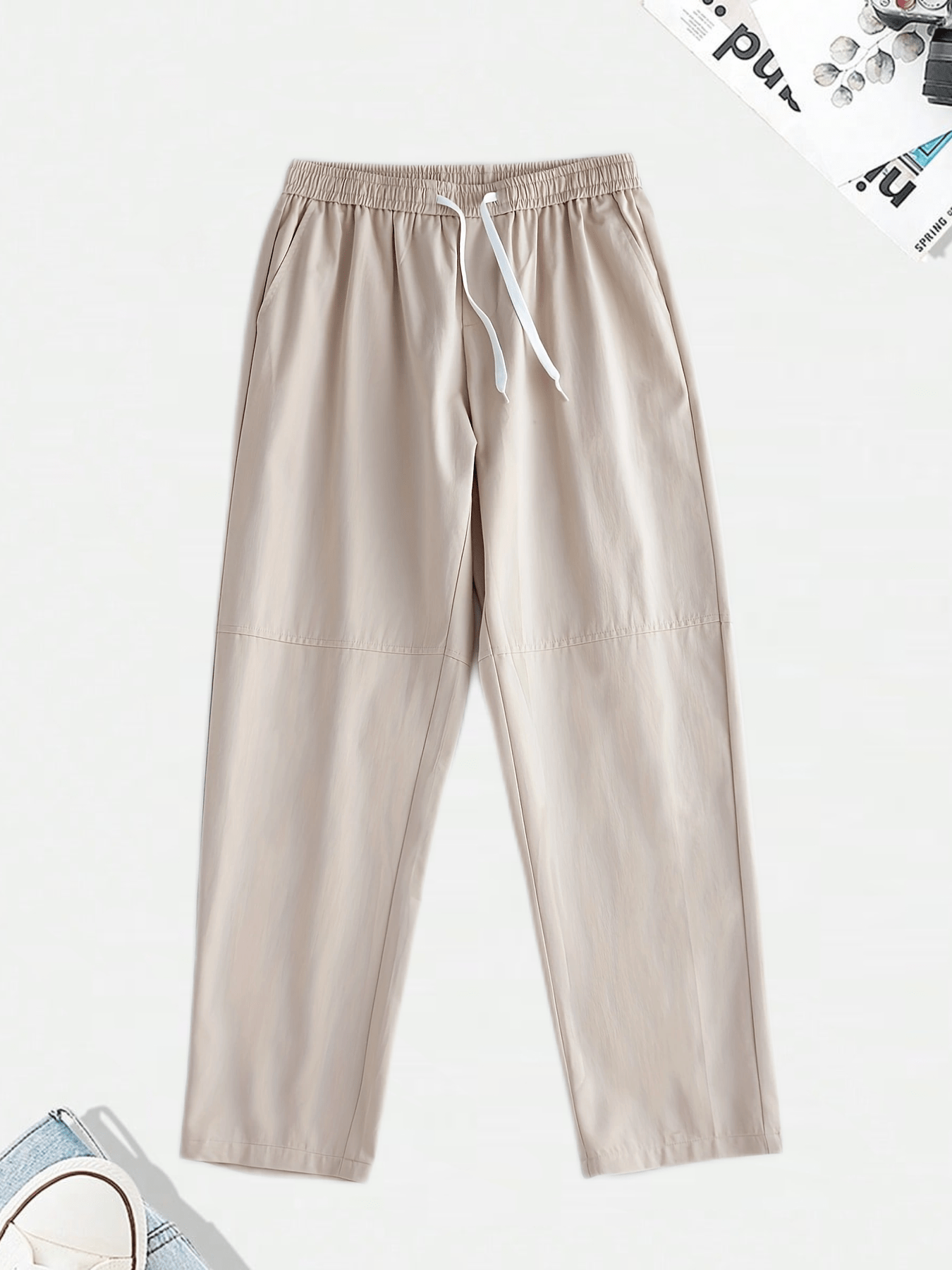 Men's Solid Cotton Pants Casual Elastic Waist Drawstring Trousers