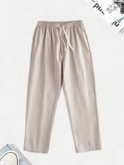 Men's Solid Cotton Pants Casual Elastic Waist Drawstring Trousers