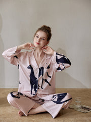Cat Print Pajama Set Long Sleeve Buttons Top & Elastic Waistband Pants