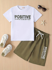 Boys Casual POSITIVE Graphic Print Tee&Shorts Set Summer Kids Clothing