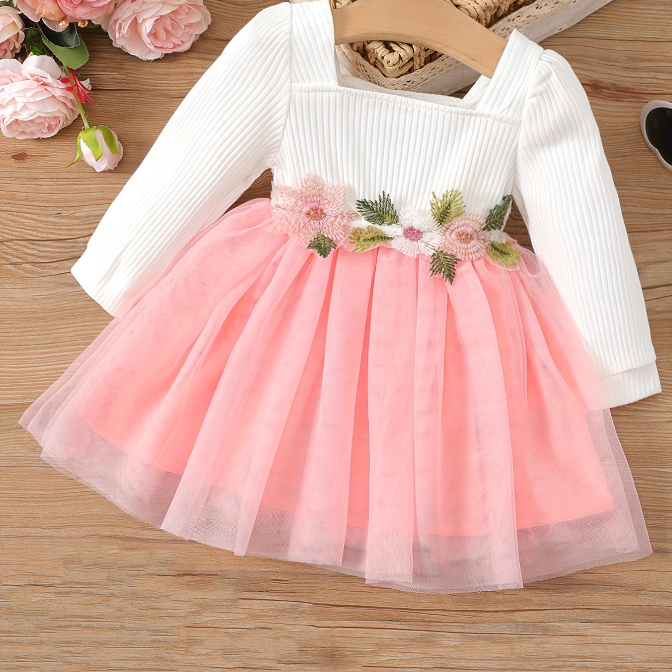 Infant Baby Girls Square Neck Long Sleeve Flower Mesh Dress