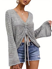 Boho V Neck Drawstring Sweater for Spring & Summer Women's Clothing