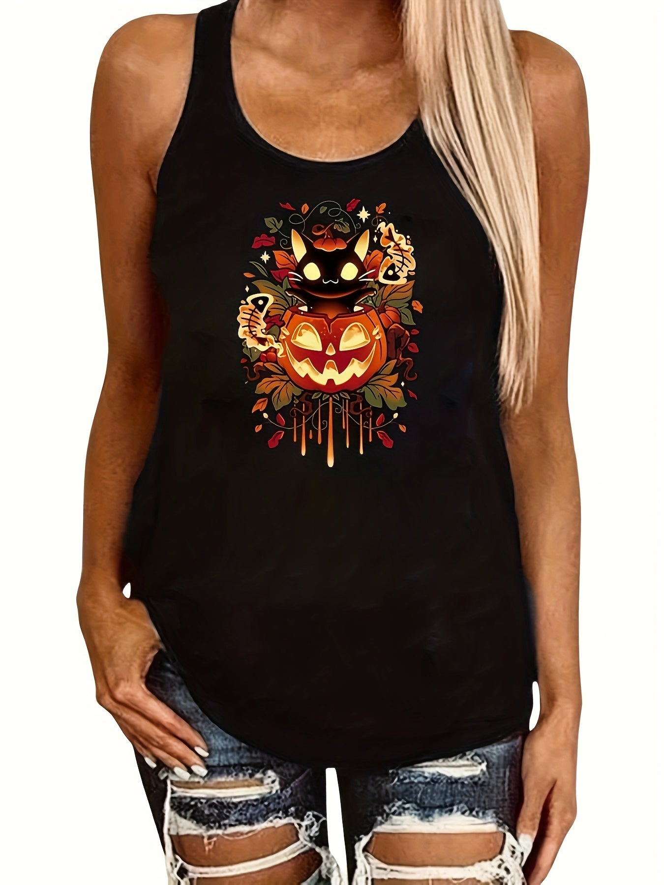 Halloween Jack O' Lantern Tank Top Sleeveless Crew Neck Women's Clothing