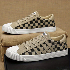 Men's Canvas Low Top Sneakers Lace up Checkered Walking Shoes