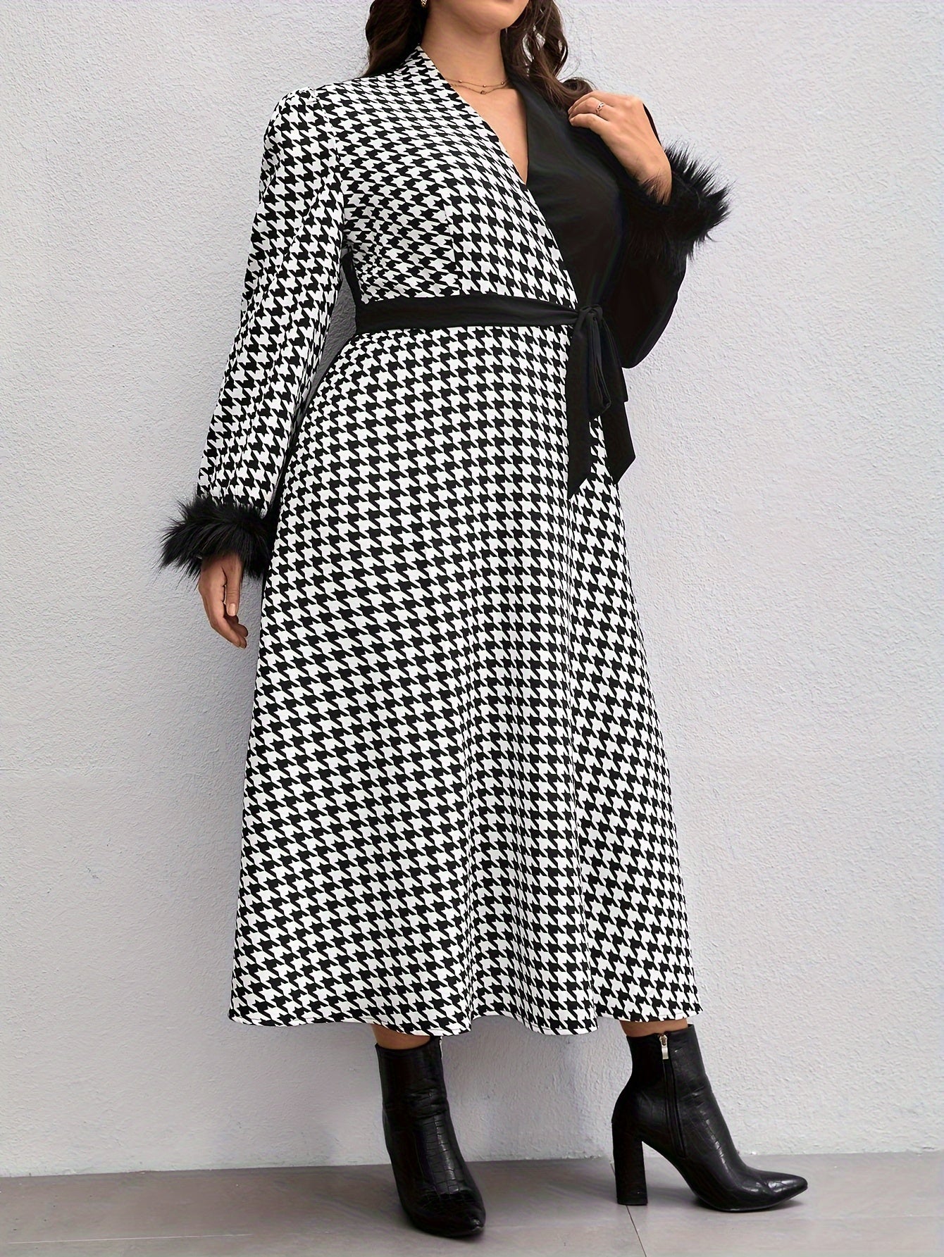 Colorblock Houndstooth Print Maxi Dress