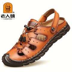 LAORENTOU Men's Leather Sandals Breathable Soft Sole Summer Shoes