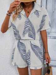 Leaves Print Two Piece Set Casual Short Sleeve Shirt & Shorts