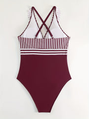 Colorblock Striped V Neck One Piece Swimsuit