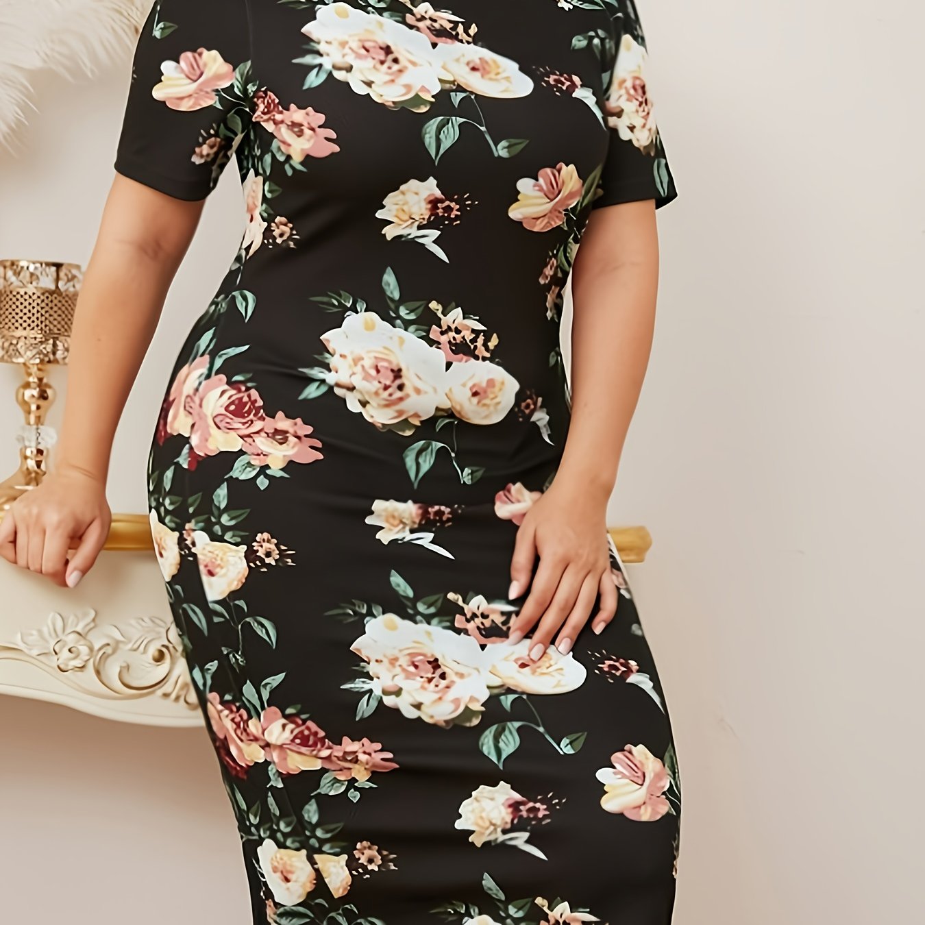 Women's Plus Floral Print Short Sleeve Stand Collar Midi Dress