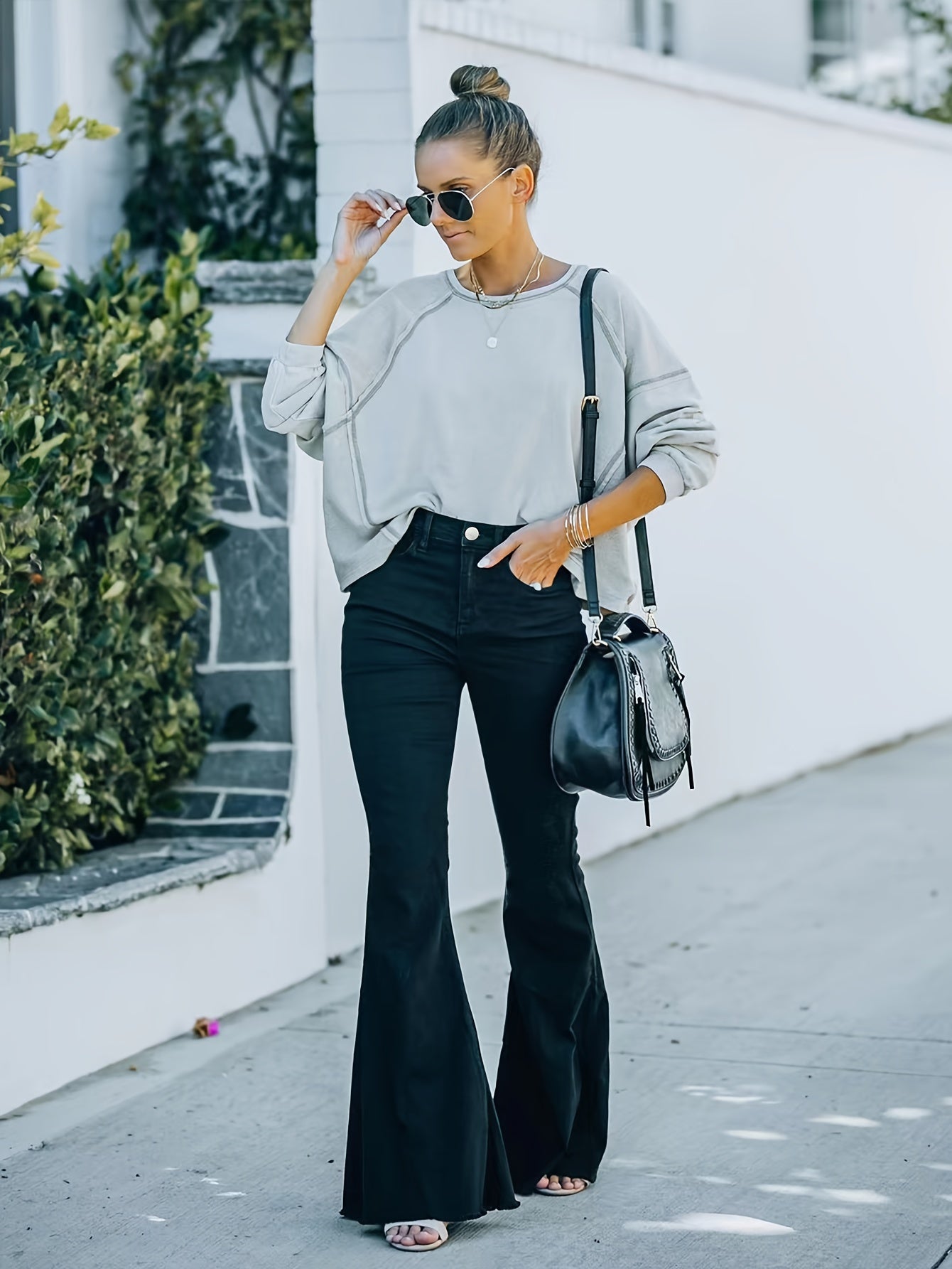 Solid Raw Trim Button Fly High Rise Flared Leg Jeans