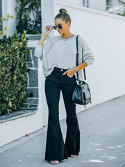 Solid Raw Trim Button Fly High Rise Flared Leg Jeans