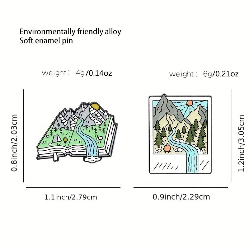 Cartoon Hiking Scenery Brooch Mountain River Book Style Pin