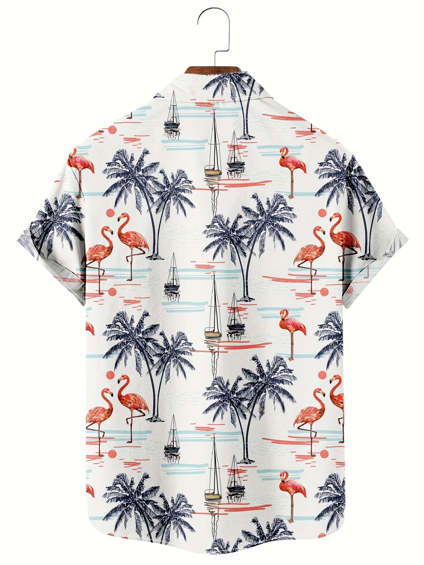 Hawaiian Coconut Tree & Flamingo Print Men's Casual Short Sleeve Shirt
