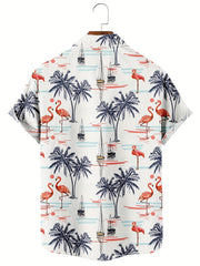 Hawaiian Coconut Tree & Flamingo Print Men's Casual Short Sleeve Shirt