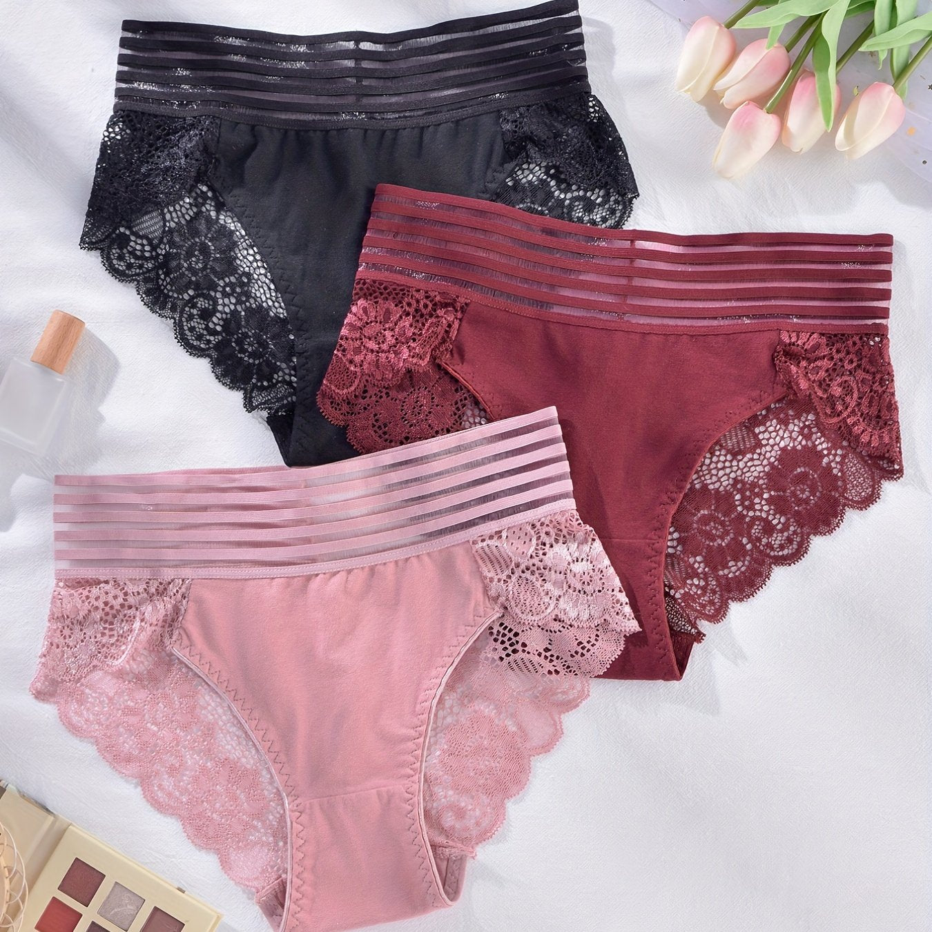 3pcs Lace Briefs Scallop Trim Panties Women's Lingerie